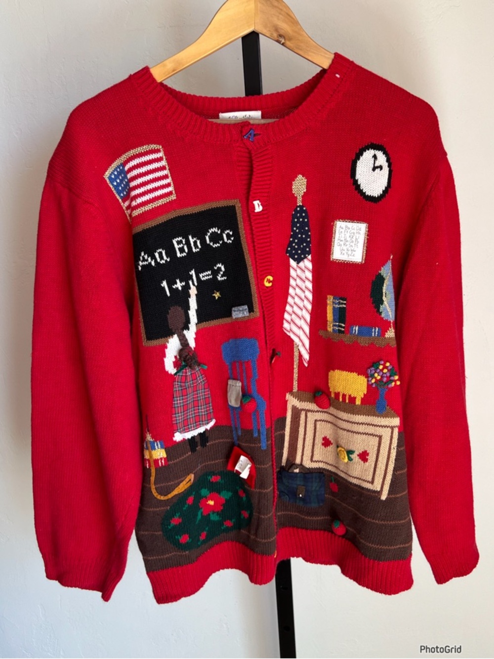 Vintage Susan Bristol Hand Embroidered Novelty Teacher Red Cardigan XL - Picture 1 of 11
